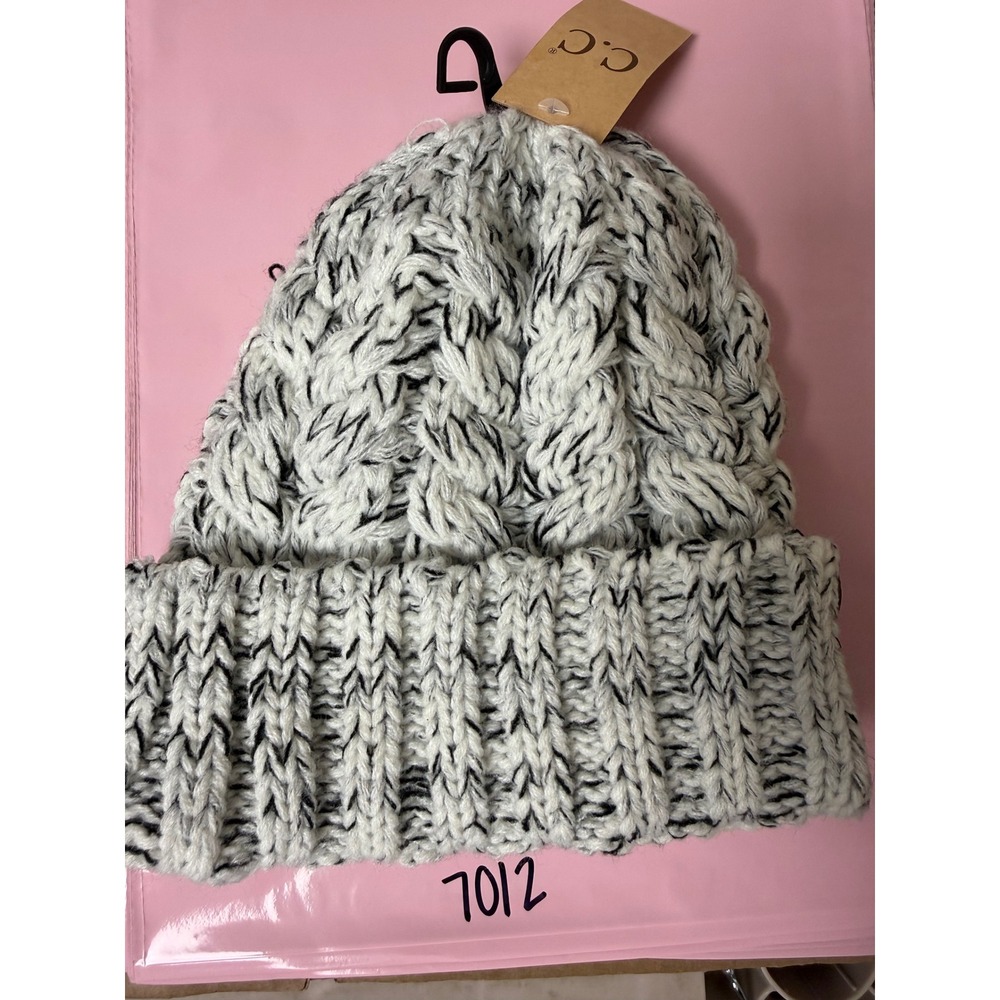 CC Beanie Chunky Knit Cable Fold‎ Over Cuff Black White Slouchy Winter Warm